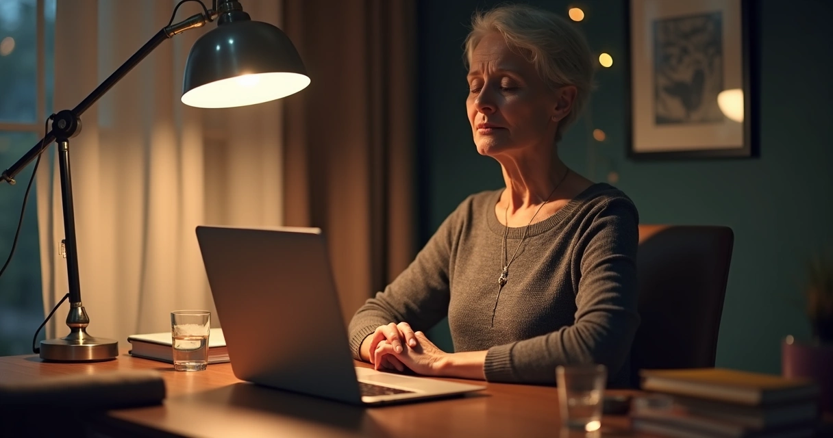 Woman pausing for mindful breathing at her desk 