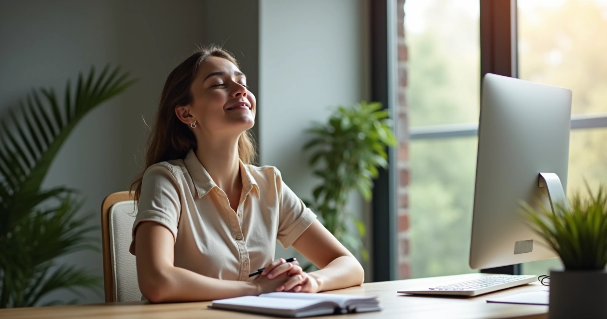 Woman practicing mindfulness at office desk 