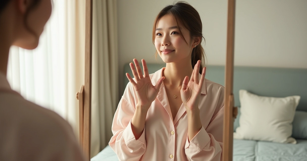 Woman practicing saying no in front of a mirror with a gentle smile, peaceful bedroom setting 