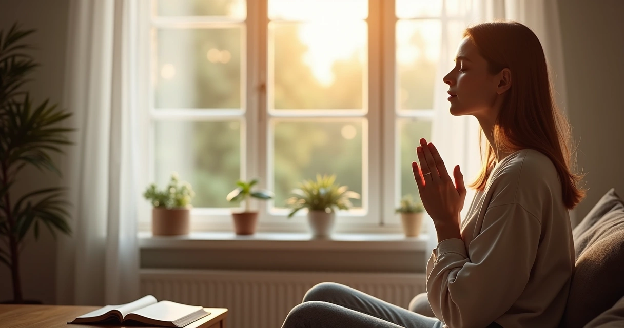 Woman praying with hands clasped sitting near a window in a peaceful home setting 