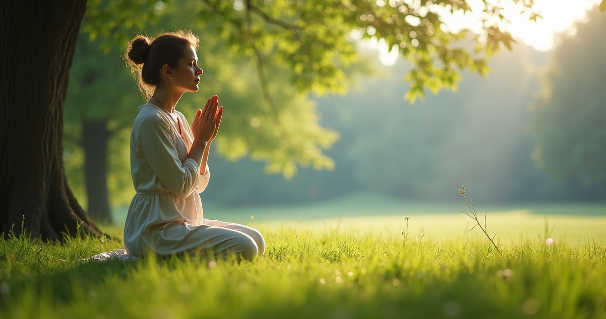 Woman praying outdoors with sunlight filtering through trees around her 