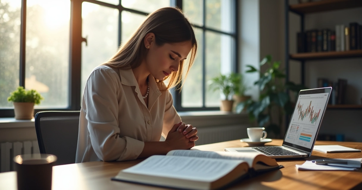 Woman praying at desk in modern office with Bible and laptop 