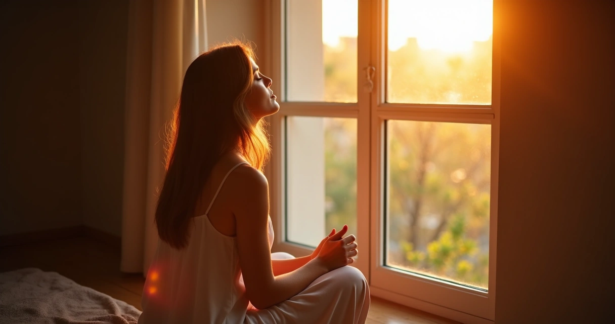 Woman sitting by window, praying in sunlight