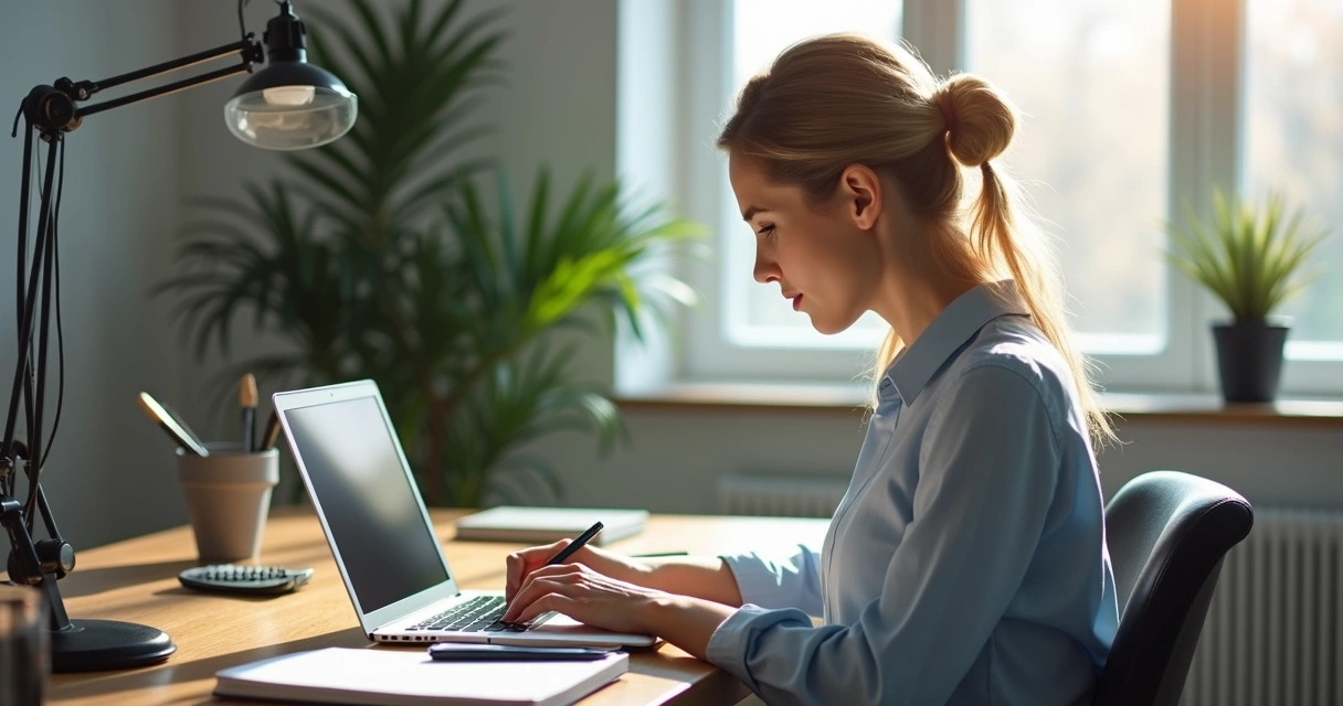 Woman working on laptop pricing digital marketing services with notebook and calculator on desk