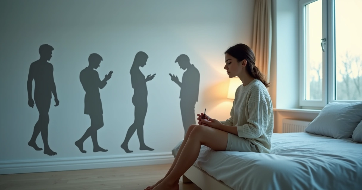 Woman sitting thoughtful with shadow silhouettes representing unconscious stress patterns 