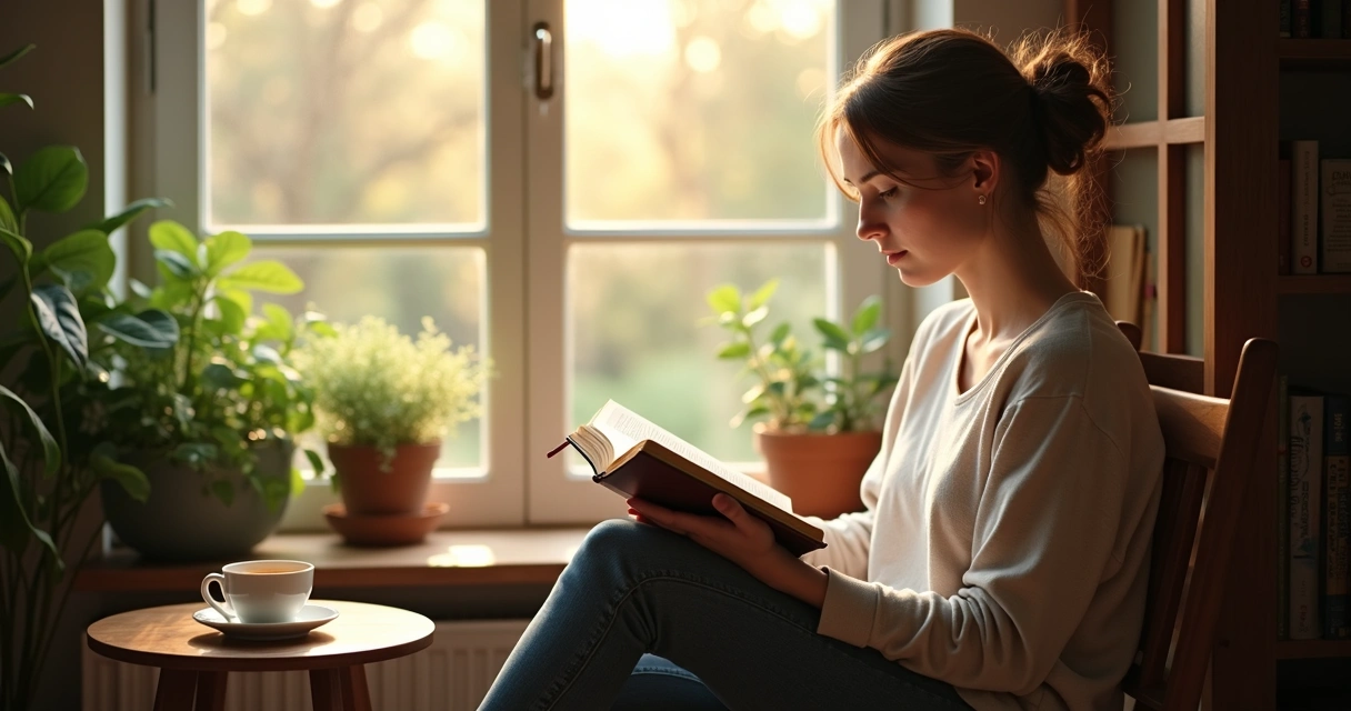 Woman reading a Bible next to a bright window with plants around 