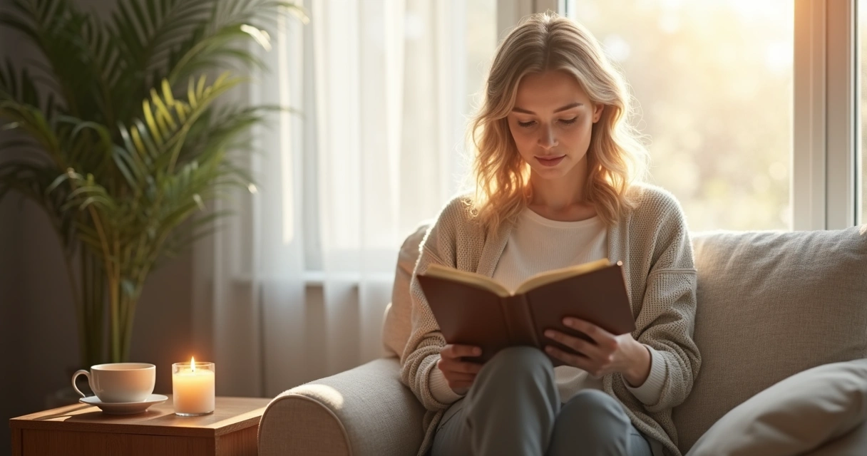 Woman sitting by a window reading a devotional book with natural light and soft background 