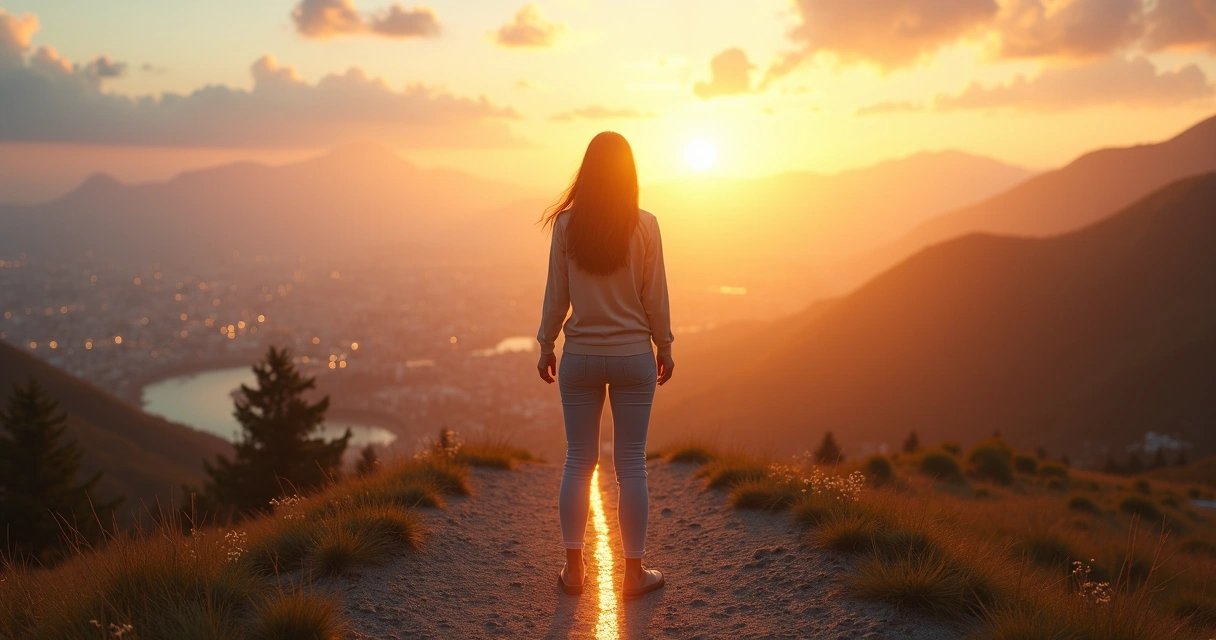 Person standing at a crossroads overlooking a sunrise-lit city and mountains 