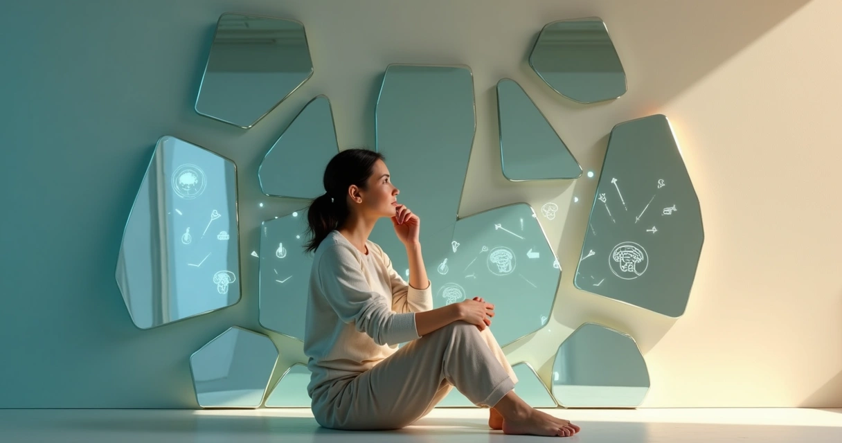 Woman observing her reflection in fragmented mirrors with behavioral pattern symbols 