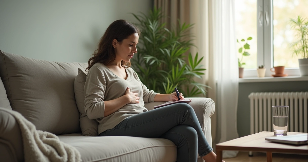 Adult seated on sofa pausing to observe rising emotions with calm awareness 