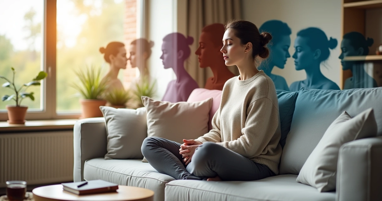 Woman sitting calmly with overlapping reflections symbolizing emotional triggers 