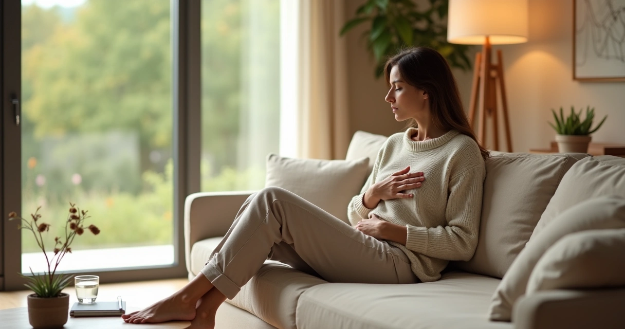 Woman with hand on heart reconnecting with her emotions near a large window 