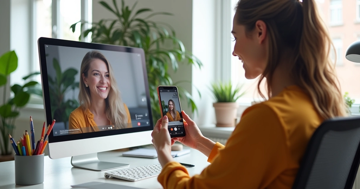 Woman confidently recording a video with smartphone in bright home office, Instagram interface visible on computer screen 