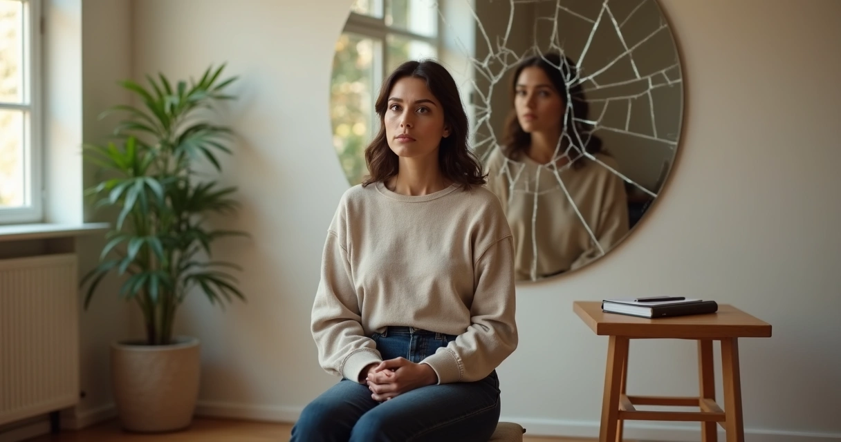 Woman looking at her reflection in a broken mirror with a calm thoughtful expression 