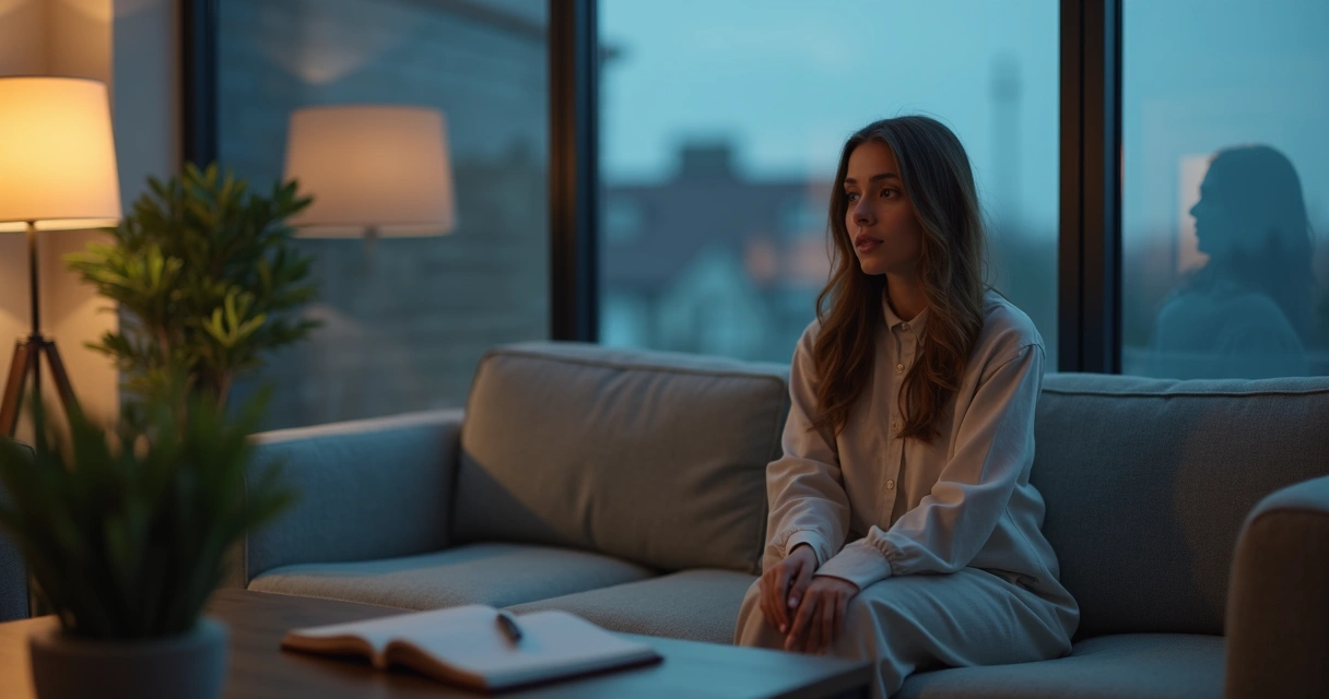 Woman looking at layered reflections of herself symbolizing hidden emotional patterns 