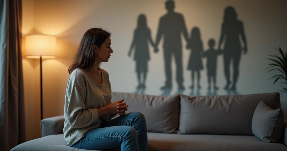 Woman reflecting alone while family silhouettes appear as shadows on the wall 