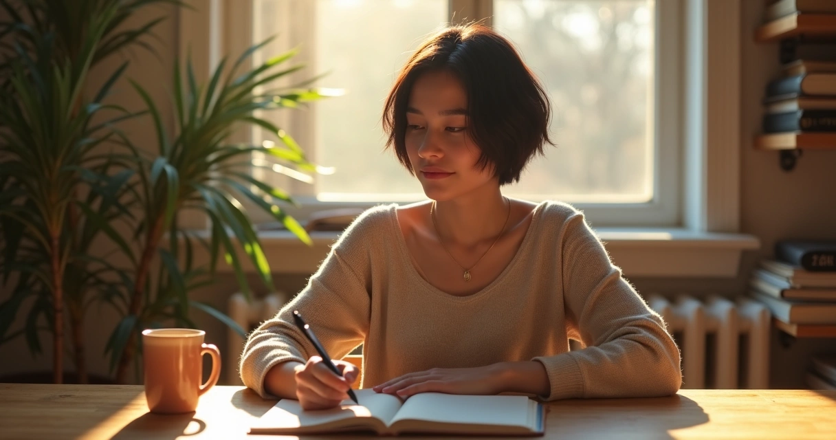 Young woman journaling at a sunlit table 