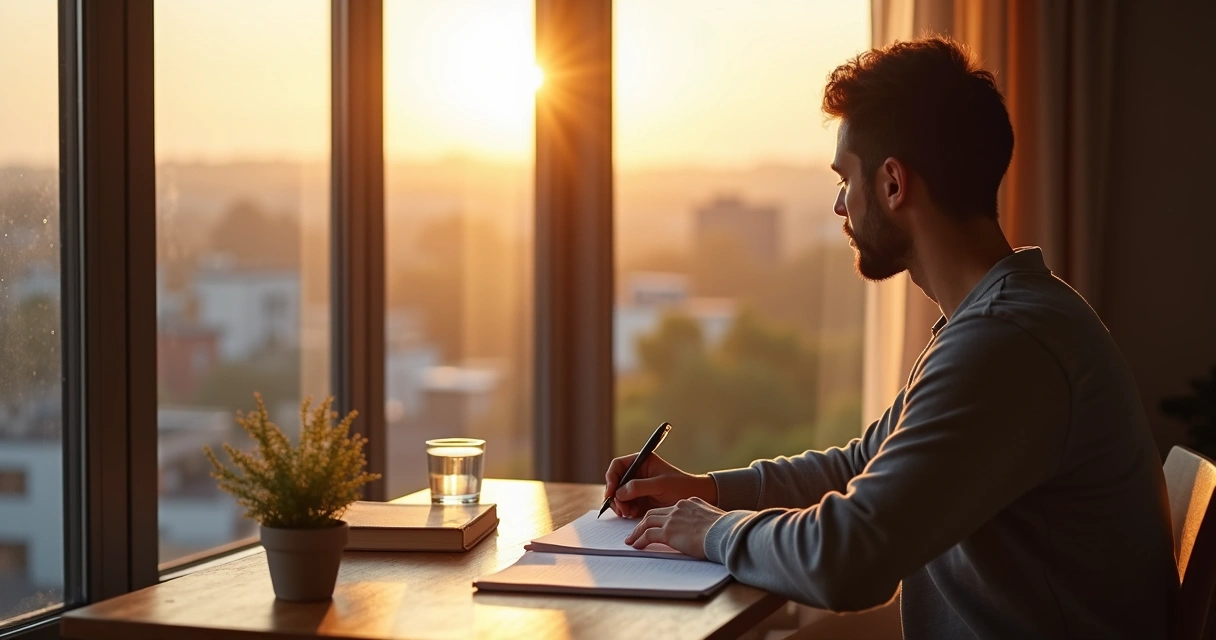 Person journaling with reflection in window at sunrise 