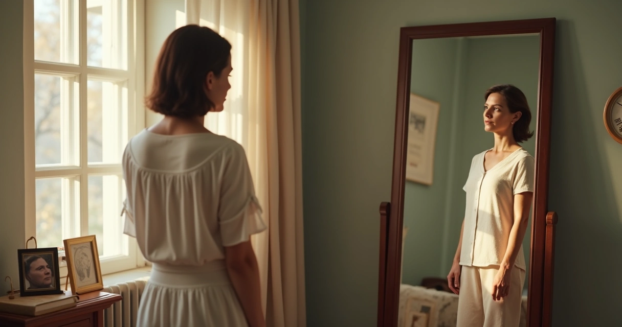Woman reflecting in front of a mirror with a thoughtful expression 