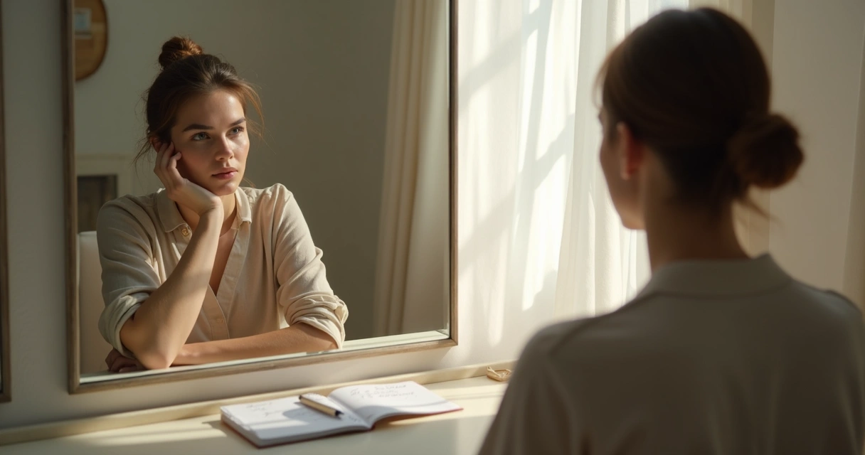 Woman looking at herself in the mirror reflecting on her beliefs