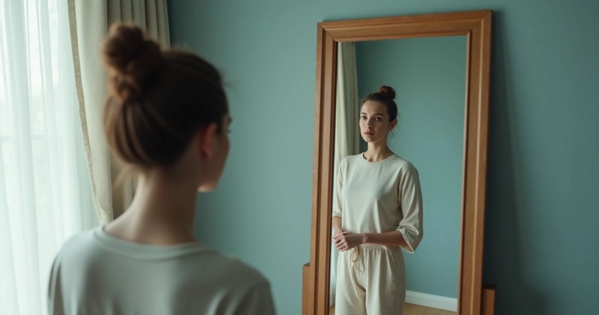 Woman looking at her reflection in the mirror