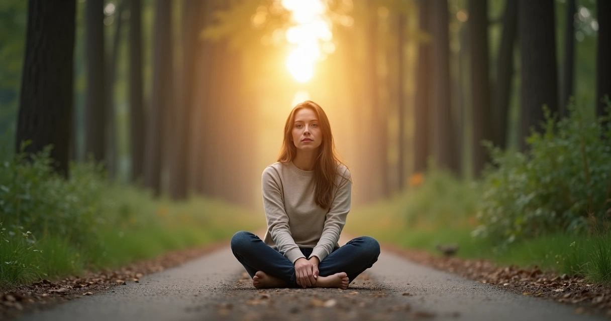 Person sitting on a path reflecting with tangled lines behind and clear road ahead 