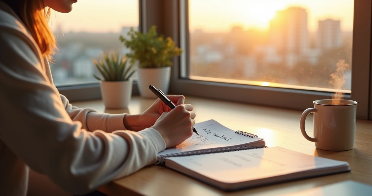 Person reflecting on personal values for the new year while writing in a journal 