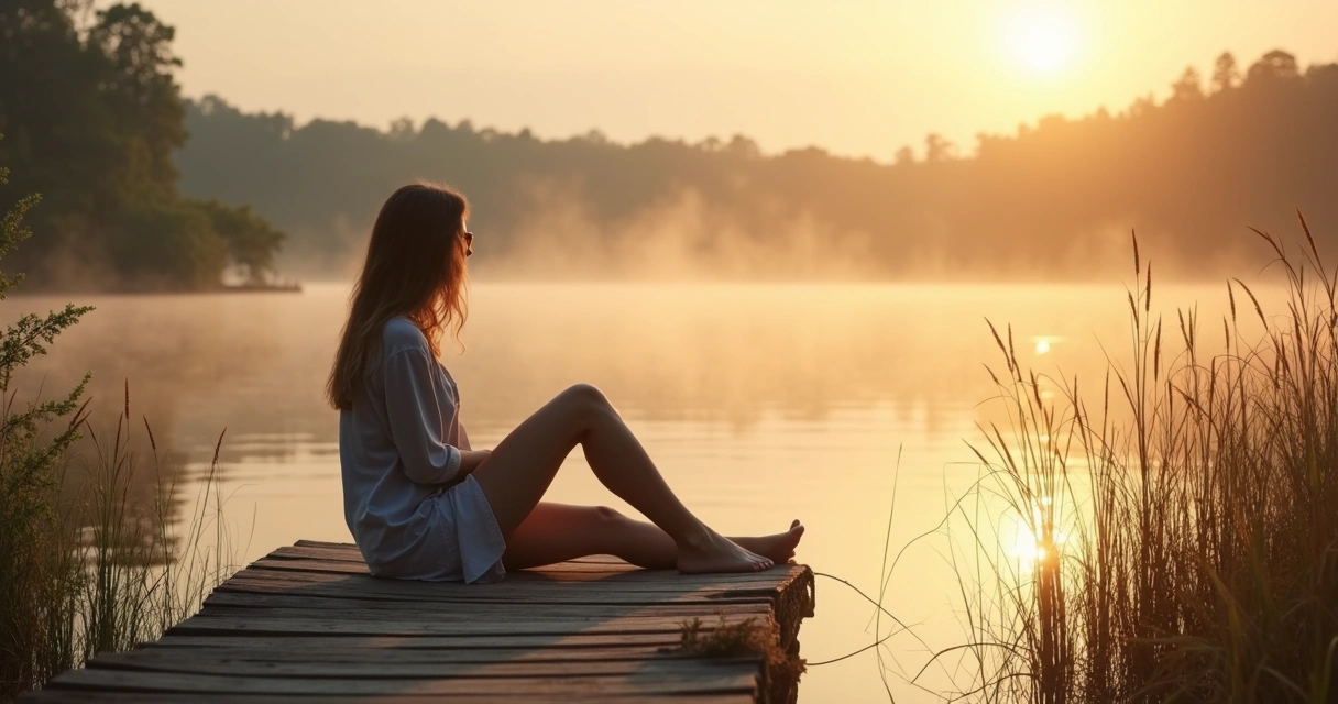 Woman sitting alone by a sunrise-lit lake, looking at the water 