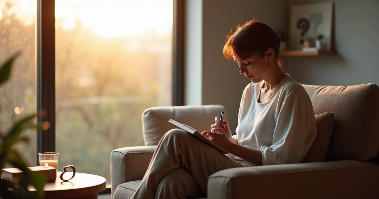 Person sitting by window journaling and reflecting quietly 