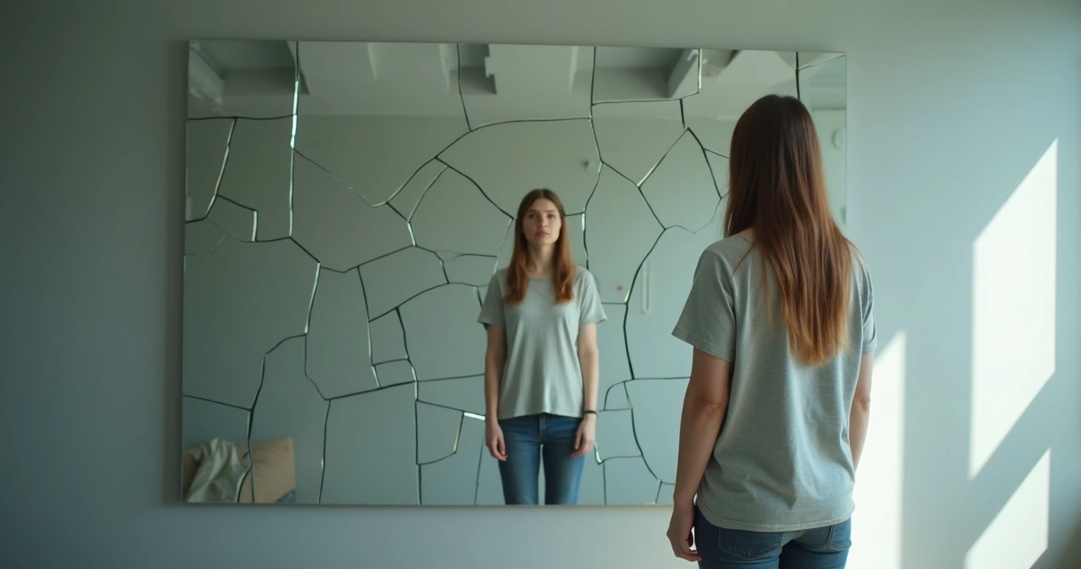 Person looking at fragmented reflection in broken mirrors 