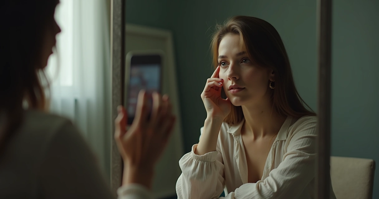 Woman reflecting in a mirror with soft lighting 