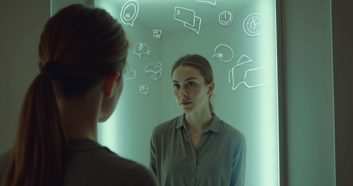 Woman looking into a mirror with social patterns reflected