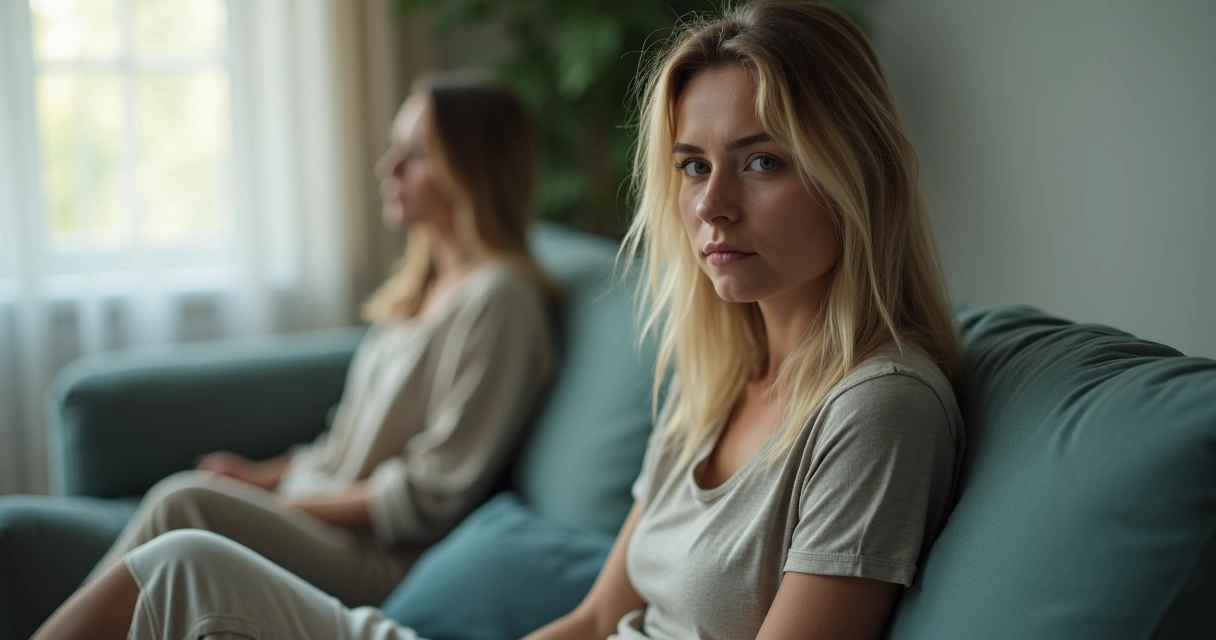 Woman looking at partner while seeing double exposure of past and present self 