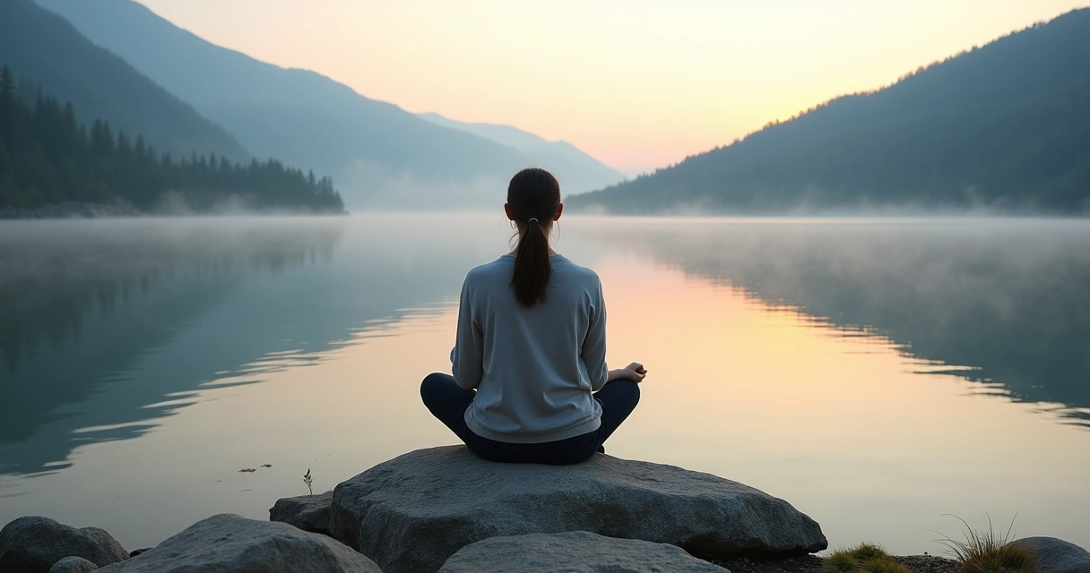 Person sitting alone on a rock overlooking a calm lake at sunrise 