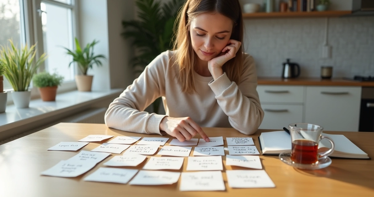 Woman at kitchen table sorting thought notes into two clear groups 
