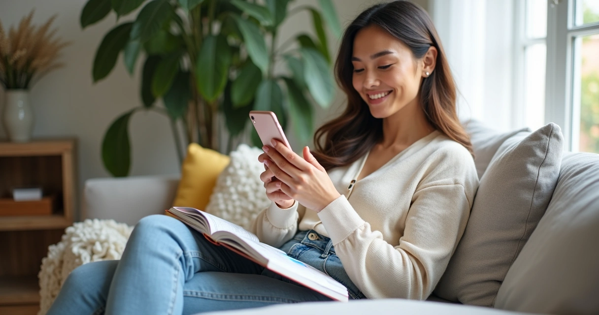 Woman relaxes on sofa with phone and an open planner 