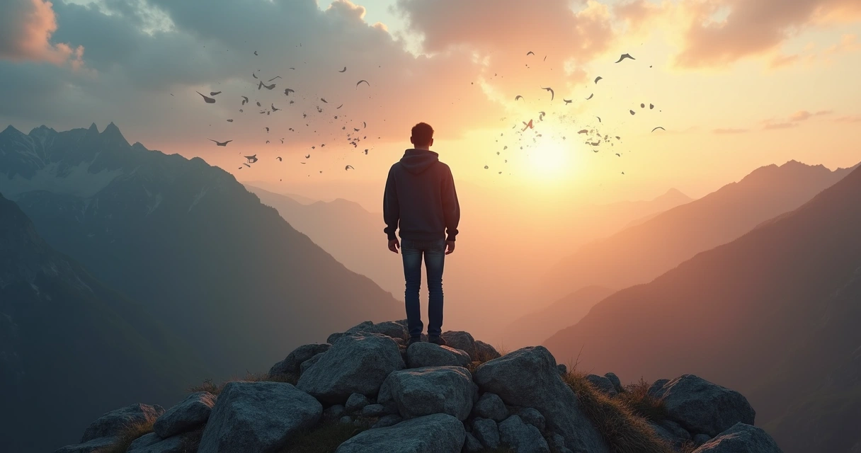 Person standing between light and shadow releasing emotional resistance 