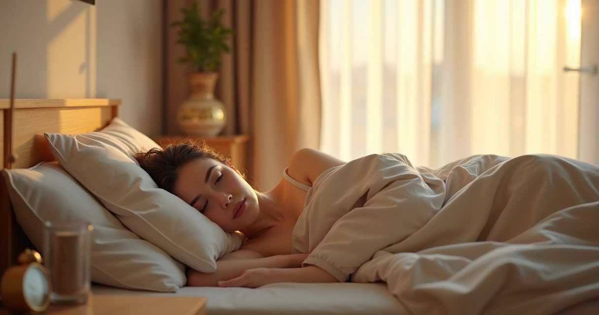 Woman resting on her bed at sunrise 