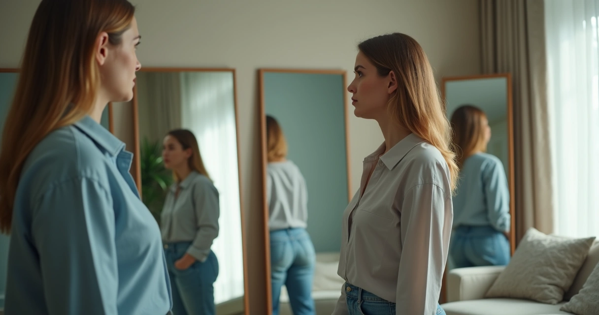 Person surrounded by mirrors noticing repeating relationship patterns 