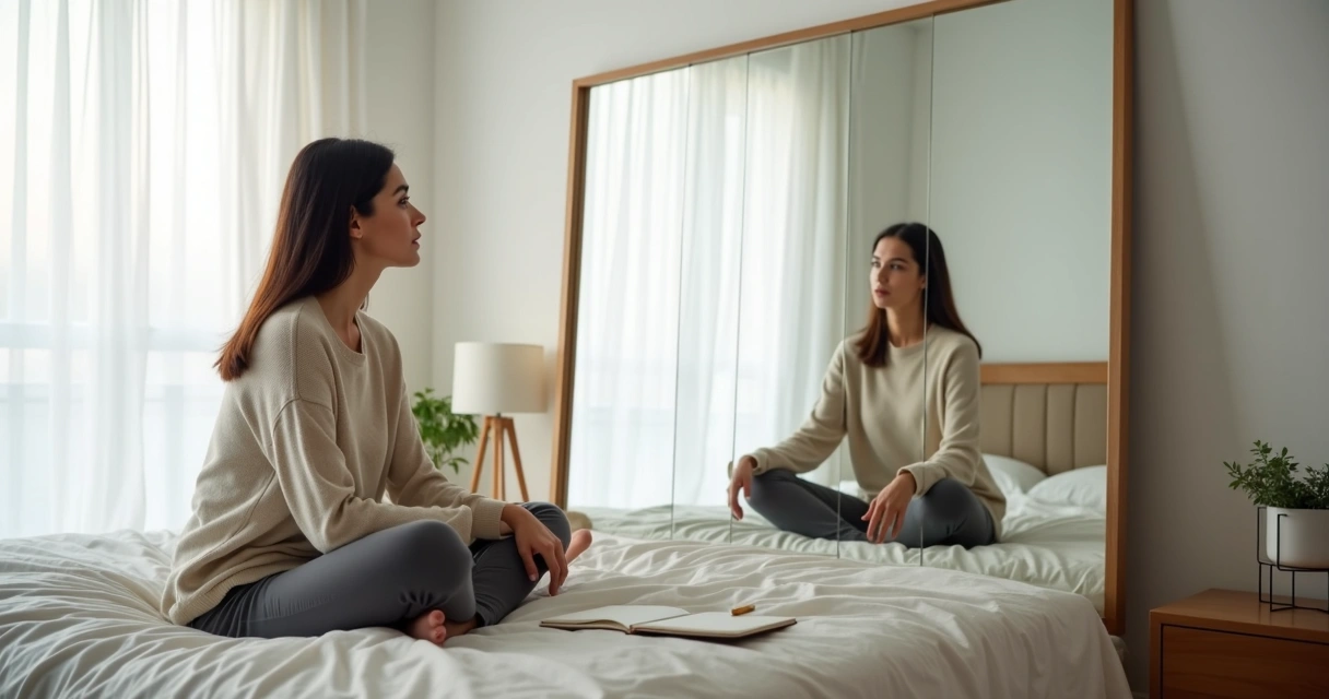 Woman reflecting in front of a mirror with multiple fragmented reflections 