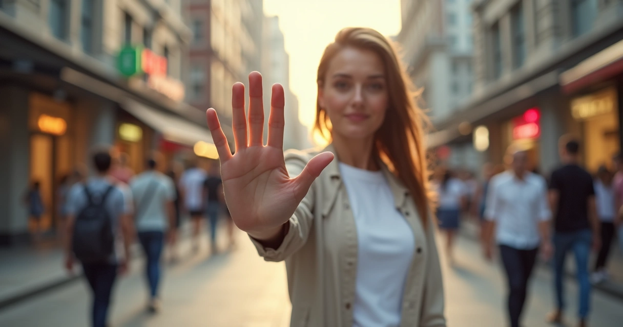 Calm woman holding out hand to set a clear boundary on a busy city street 