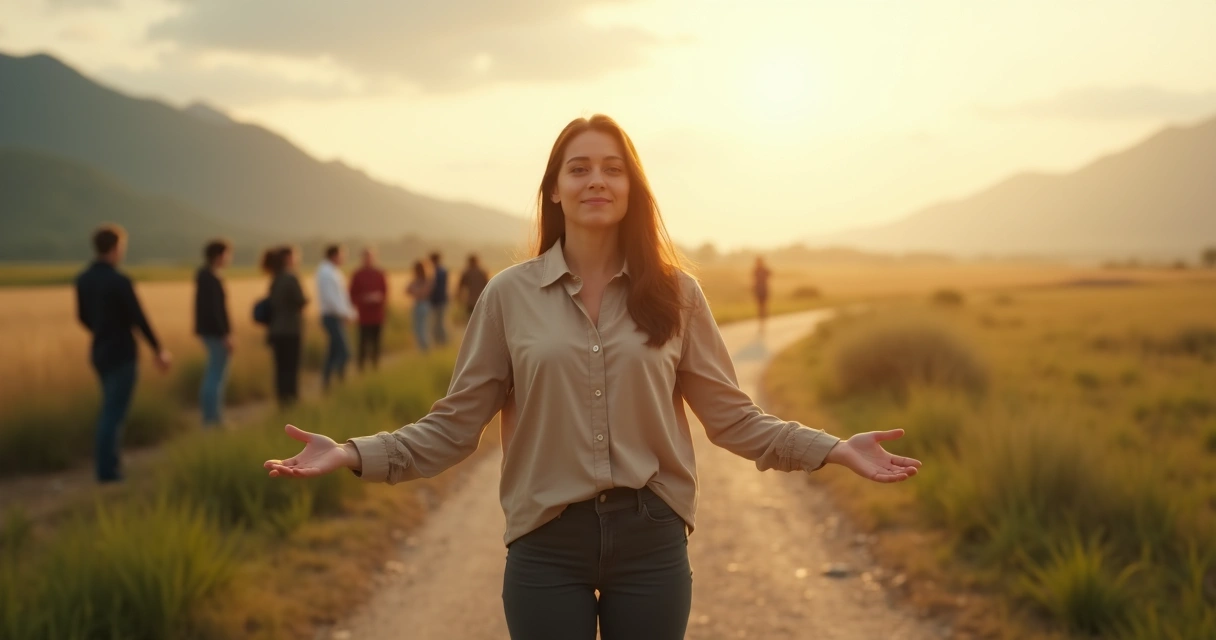 Woman standing in balanced posture between light and shadow landscape 