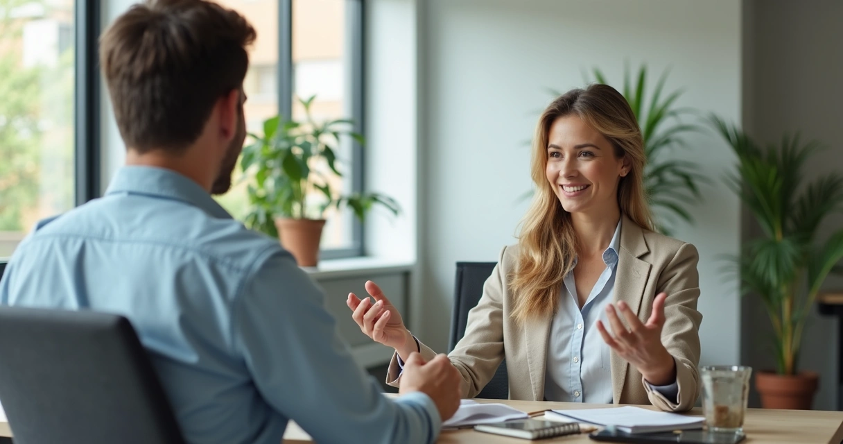 Woman discussing boundaries with a colleague at a modern office table 