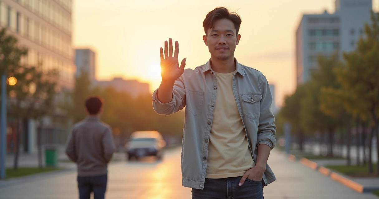 Calm adult setting a clear boundary with an open hand gesture at sunset 