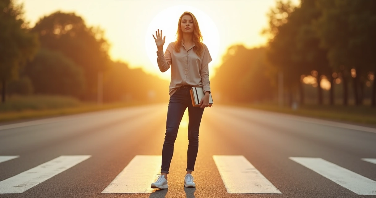 Woman standing on a line in the road with a hand raised to set a clear boundary 
