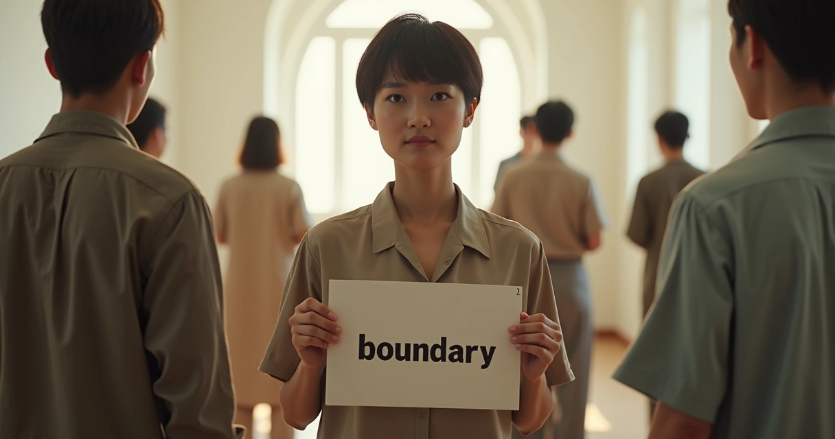 Woman standing holding a sign with word boundary and looking calm 