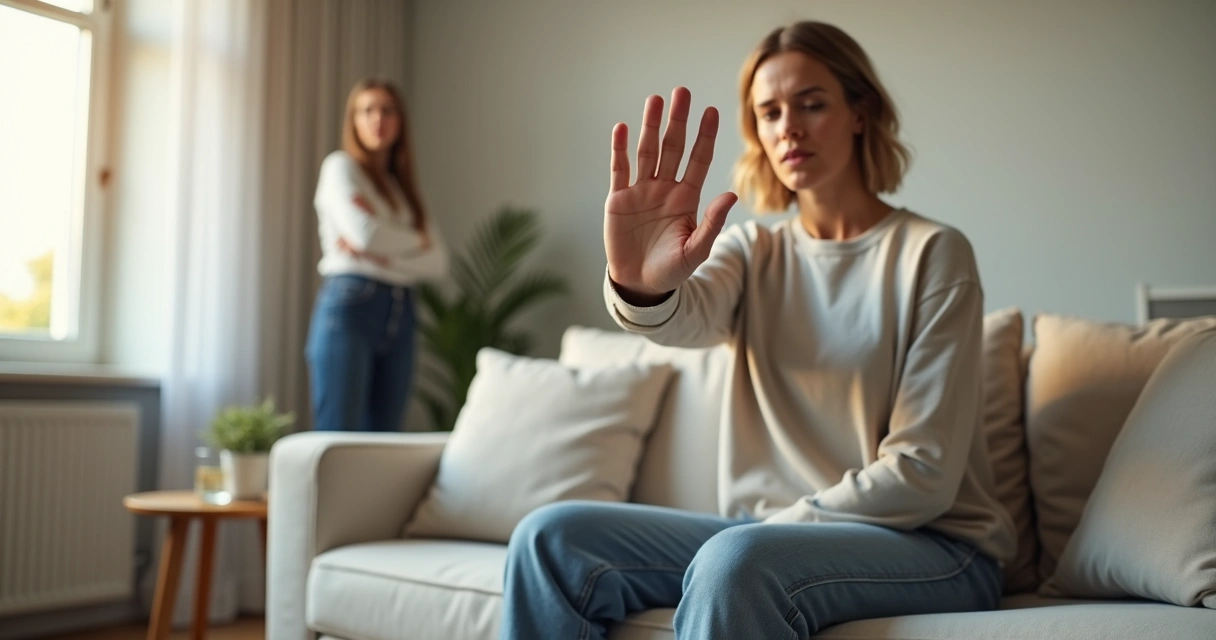 Calm adult sitting on a sofa with one hand raised in a gentle stop gesture 