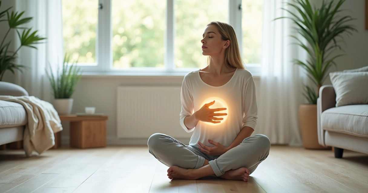 Sensitive woman sitting peacefully with hand on heart and a soft glowing circle around her 