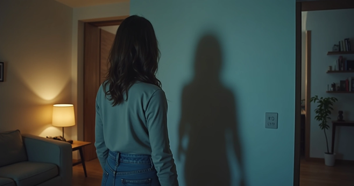 Person looking into a mirror with a distorted shadow behind them 