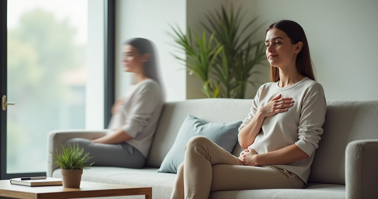 Woman pausing to shift her emotional response in a calm modern living room 